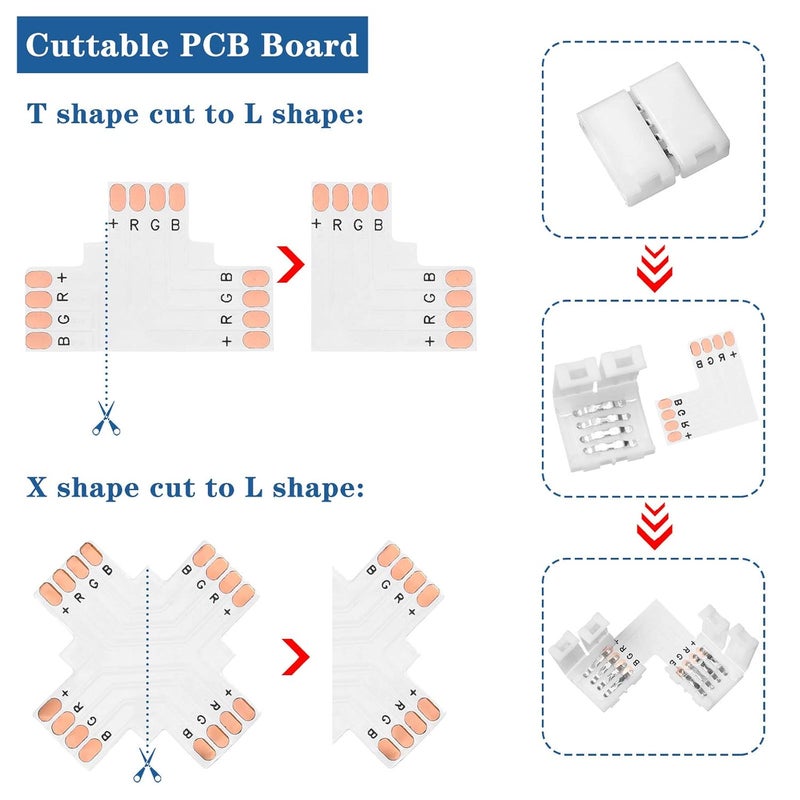 Mudder 95 Pieces 4 Pin LED Light Strip Connectors Set Including Screw Clips, 4 Pin LED Connectors, Cuttable T, L and X Shape PCB Board for SMD 5050 10 mm RGB Strip Lights Gapless Connector - Image 2