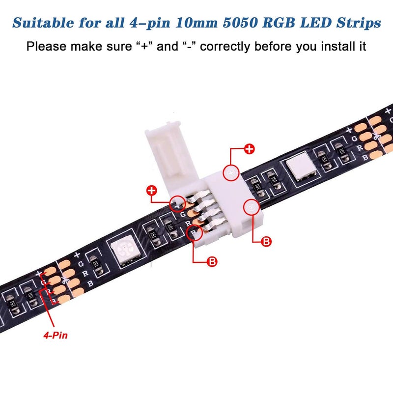 Mudder 95 Pieces 4 Pin LED Light Strip Connectors Set Including Screw Clips, 4 Pin LED Connectors, Cuttable T, L and X Shape PCB Board for SMD 5050 10 mm RGB Strip Lights Gapless Connector - Image 5