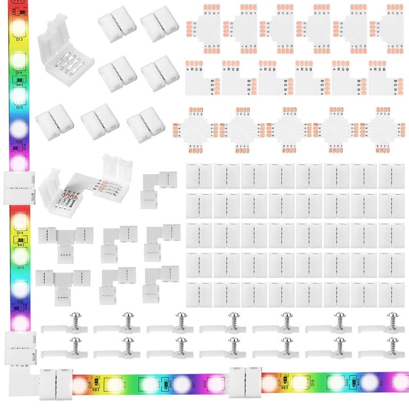 Mudder 95 Pieces 4 Pin LED Light Strip Connectors Set Including Screw Clips, 4 Pin LED Connectors, Cuttable T, L and X Shape PCB Board for SMD 5050 10 mm RGB Strip Lights Gapless Connector - Image 1