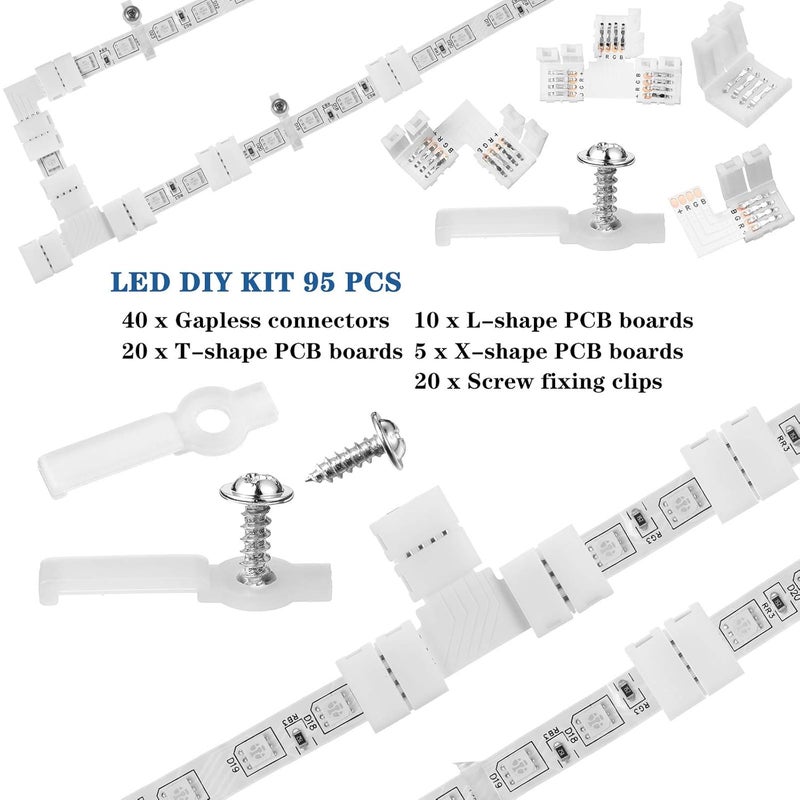 Mudder 95 Pieces 4 Pin LED Light Strip Connectors Set Including Screw Clips, 4 Pin LED Connectors, Cuttable T, L and X Shape PCB Board for SMD 5050 10 mm RGB Strip Lights Gapless Connector - Image 4