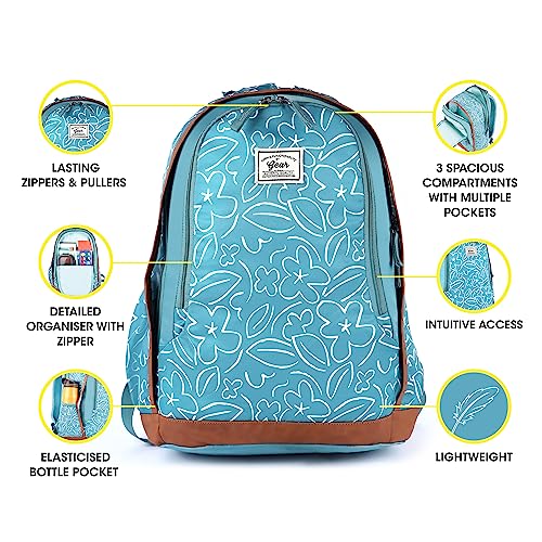 Gear Triumph Floral 32 L Water Resistant 4 Compartment Backpack with Rain Cover/School Bag/College Bag/Daypack/Casual Backack for Girls/Women (Blue-Tan) - Image 2