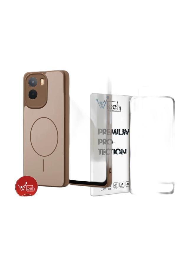 Wtech Xiaomi Redmi A7 Pro 4G 2026 SilkTouch Premium Matte Silicone Protective with Thin Magsafe (MCMPMN) - Brown & Xiaomi Redmi A7 Pro 4G / Redmi A7 4G 2026 Premium E2E Series Full Glue Full Cover Tempered Glass Screen Protector (MSGECN) - Clear/Black Bundle - Image 1