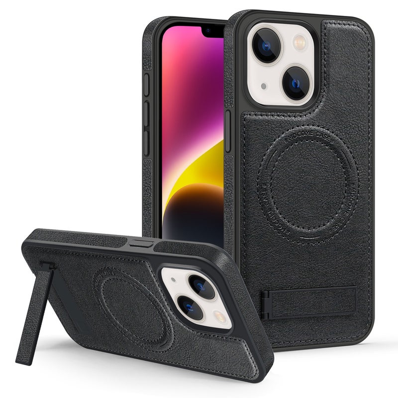HuHa Protective Cover For iPhone 14 Plus Multi-function Holder MagSafe PU Phone Case(Black) - Image 1