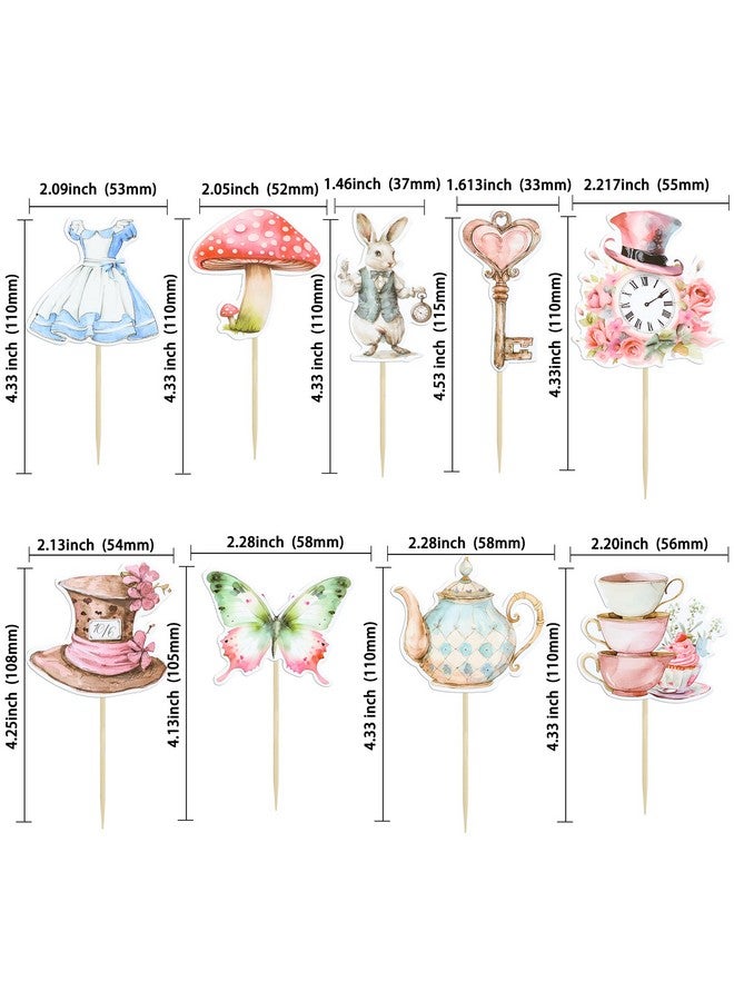Ephlyn 36Pcs Wonderland Cupcake Toppers Tea Party Cake Decorations Butterfly Flower Bowl Key Clock Eat Me Cupcake Picks for Baby Shower Birthday Kids Birthday Party Decorations - Image 2