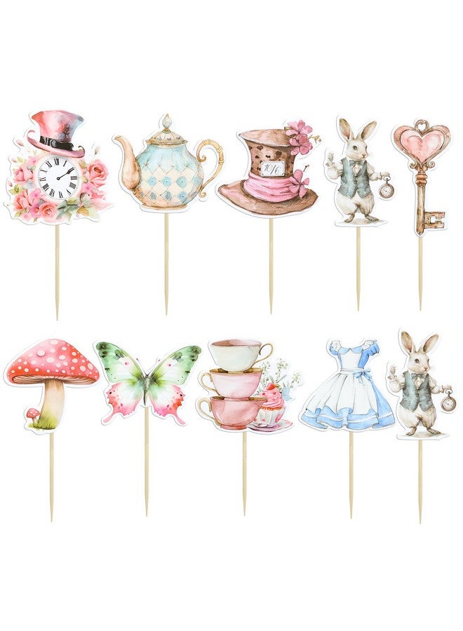 Ephlyn 36Pcs Wonderland Cupcake Toppers Tea Party Cake Decorations Butterfly Flower Bowl Key Clock Eat Me Cupcake Picks for Baby Shower Birthday Kids Birthday Party Decorations - Image 3