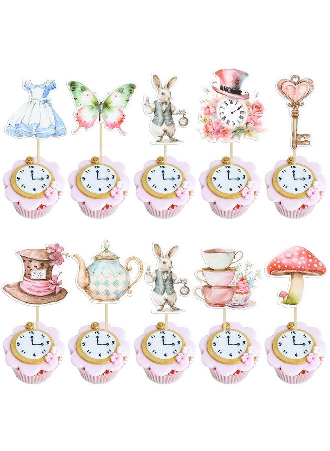 Ephlyn 36Pcs Wonderland Cupcake Toppers Tea Party Cake Decorations Butterfly Flower Bowl Key Clock Eat Me Cupcake Picks for Baby Shower Birthday Kids Birthday Party Decorations - Image 1