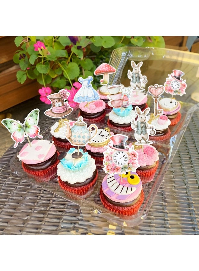 Ephlyn 36Pcs Wonderland Cupcake Toppers Tea Party Cake Decorations Butterfly Flower Bowl Key Clock Eat Me Cupcake Picks for Baby Shower Birthday Kids Birthday Party Decorations - Image 4