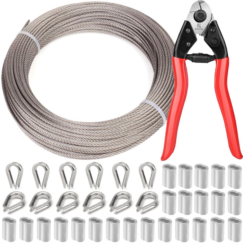 AFences 1/8" Stainless Steel Cable,100FT Wire Rope with Loop Sleeve and Wire Rope Thimble,7x7 Strand Core Metal Wire for Deck Railing System,String Light Hanging Kit,Garden Wire,1/8" Aircraft Cable - Image 1
