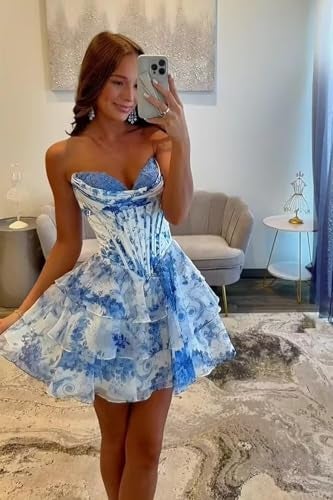 FoinLuve Corset Corset Prom Dress for Teens Strapless 2025 Ruffle Floral Tiered Short HOCO Dresses Floral Blue 10 - Image 2