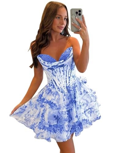 FoinLuve Corset Corset Prom Dress for Teens Strapless 2025 Ruffle Floral Tiered Short HOCO Dresses Floral Blue 10 - Image 1