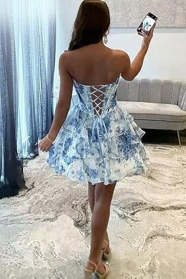 FoinLuve Corset Corset Prom Dress for Teens Strapless 2025 Ruffle Floral Tiered Short HOCO Dresses Floral Blue 10 - Image 3