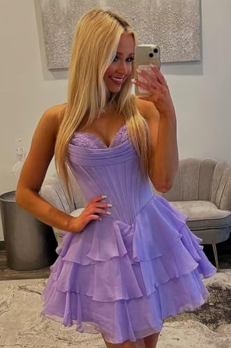 FoinLuve Corset Corset Prom Dress for Teens Strapless 2025 Ruffle Floral Tiered Short HOCO Dresses Floral Blue 10 - Image 4