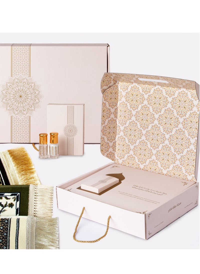 A box of luxuriously decorated wool prayer rug with two perfume bottles