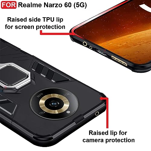 CEDO Kickstand Cover for Realme Narzo 60 (5G) Rugged Case | Built-in Stand Rotating Ring Holder | Military Grade Armor Bumper Back Cover (Black) - Image 4