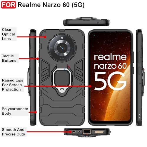CEDO Kickstand Cover for Realme Narzo 60 (5G) Rugged Case | Built-in Stand Rotating Ring Holder | Military Grade Armor Bumper Back Cover (Black) - Image 3