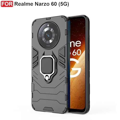 CEDO Kickstand Cover for Realme Narzo 60 (5G) Rugged Case | Built-in Stand Rotating Ring Holder | Military Grade Armor Bumper Back Cover (Black) - Image 2