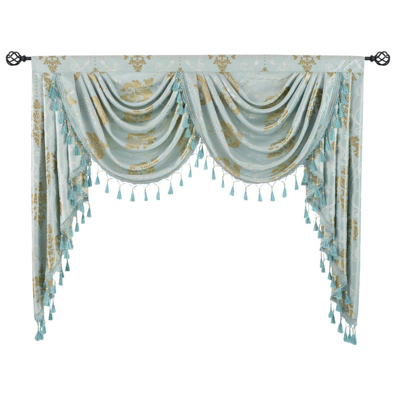 JADE POKE European Floral Valance for Windows Waterfall Valances for Living Room Aqua Tassels Valance for Bathroom  Damask Valance with Beads Swag Valance for Party Rod Pocket 1 Panel W59 Inch