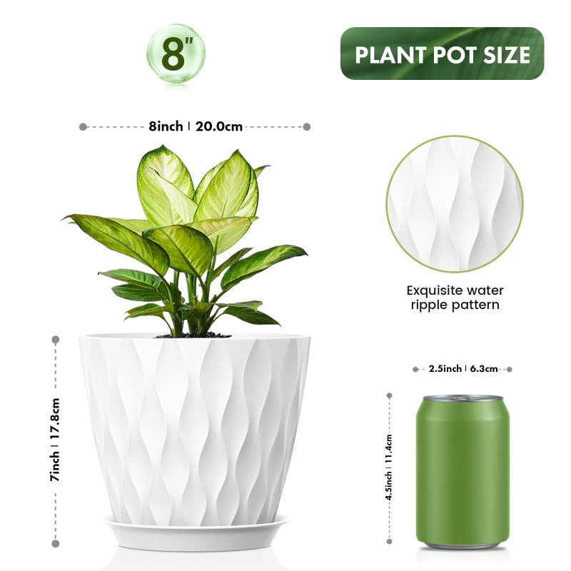 UOUZ 8 Inch Plant Pots, 4 Pack Plastic Planters for Indoor Outdoor with Drainage Holes & Saucers, Waffle Texture Flower Pots for Indoor Plants, Indoor Plant Pots for Monstera, Fiddle Leaf Fig, White - Image 2