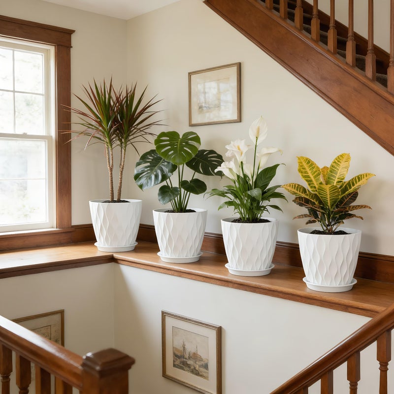 UOUZ 8 Inch Plant Pots, 4 Pack Plastic Planters for Indoor Outdoor with Drainage Holes & Saucers, Waffle Texture Flower Pots for Indoor Plants, Indoor Plant Pots for Monstera, Fiddle Leaf Fig, White - Image 5