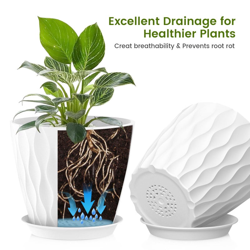 UOUZ 8 Inch Plant Pots, 4 Pack Plastic Planters for Indoor Outdoor with Drainage Holes & Saucers, Waffle Texture Flower Pots for Indoor Plants, Indoor Plant Pots for Monstera, Fiddle Leaf Fig, White - Image 3