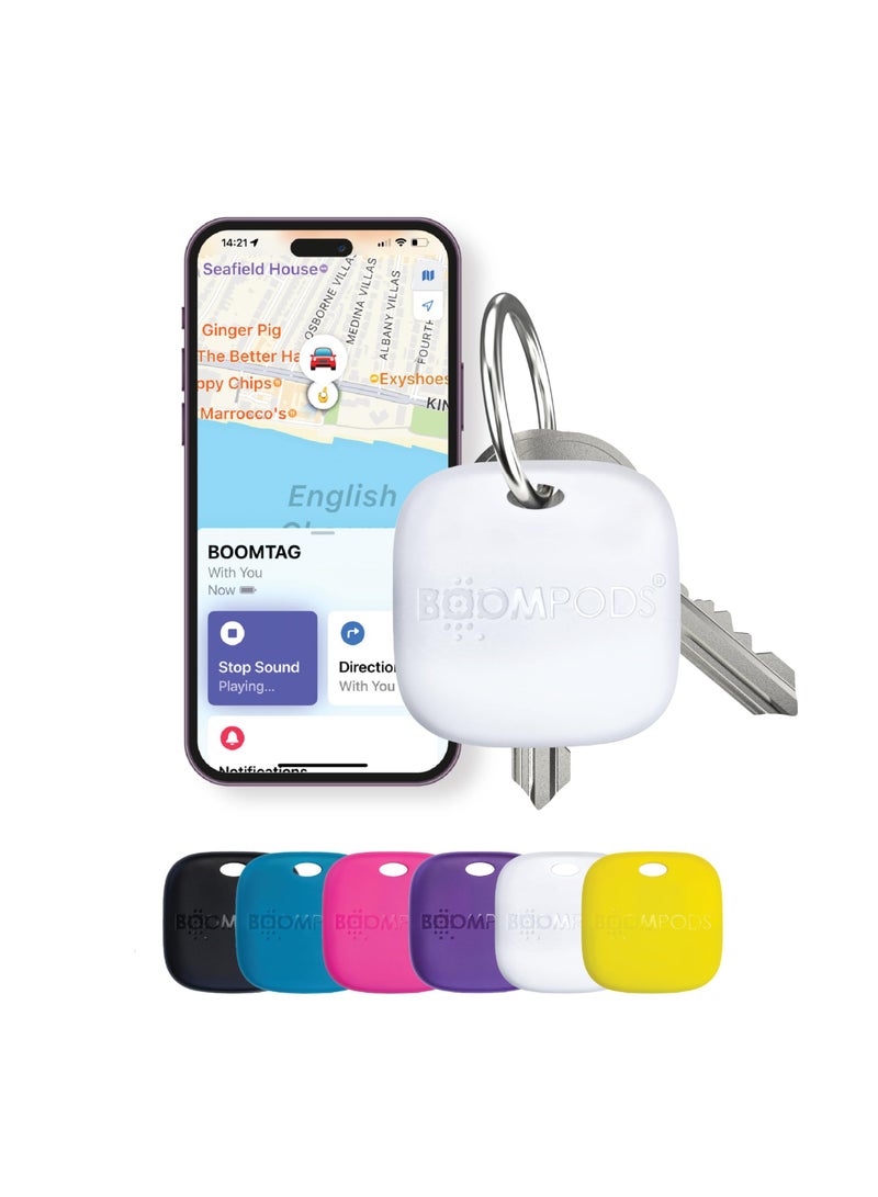 Boompods Boomtag Rechargeable Bluetooth Tracker Tag - Ocean Plastic Smart Tracking Device for Pet, Luggage, Compatible with Apple Find My App, Wallet and Key Finder (White) - Image 1