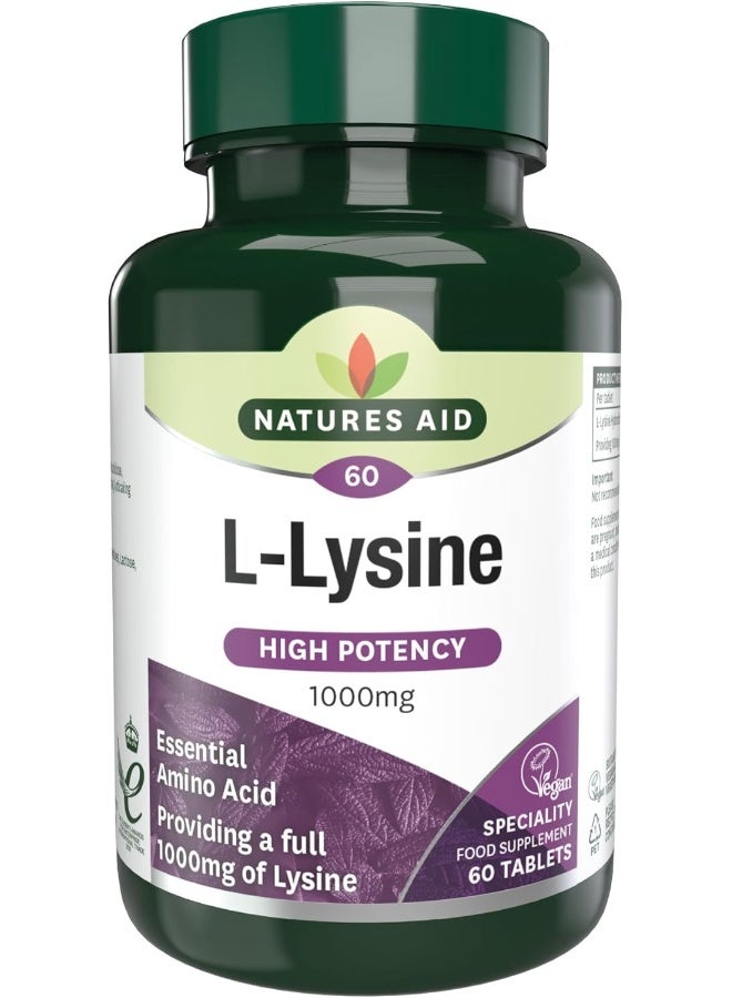 Natures Aid L-Lysine 1000 Mg, High Potency Essential Amino Acid, Vegan, 60 Tablets - Image 1