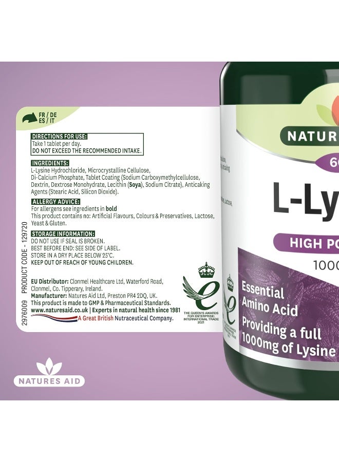 Natures Aid L-Lysine 1000 Mg, High Potency Essential Amino Acid, Vegan, 60 Tablets - Image 5