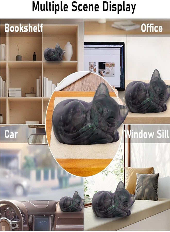Artistone 2" Sleeping Cat Statue Rainbow Fluorite Healing Crystals Hand Carved Cute Kitten Figurine, Worry Stone for Anxiety Relif Home Desk Decor Animal Figurine - Image 5