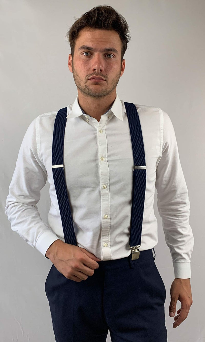 Timiot Premium Men's Y-Back Suspenders Stretch Perfect 1.5" Width for Work Style Formal Strong Heavy Duty Clips (Navy) - Image 4