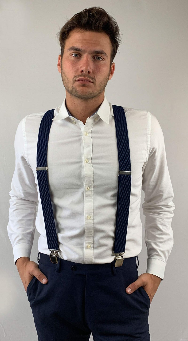 Timiot Premium Men's Y-Back Suspenders Stretch Perfect 1.5" Width for Work Style Formal Strong Heavy Duty Clips (Navy) - Image 3