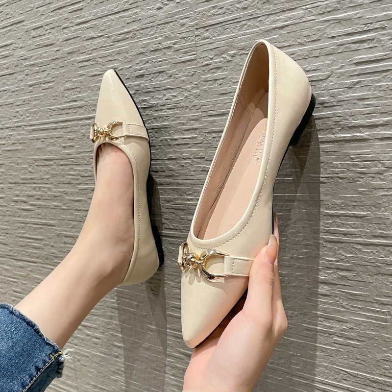 New Style Pointed Toe High Heels Horsebit Shallow Mouth Thick Heels Soft Leather Soft Sole Flat Casual Commuting Shoes Fashionable - Image 2