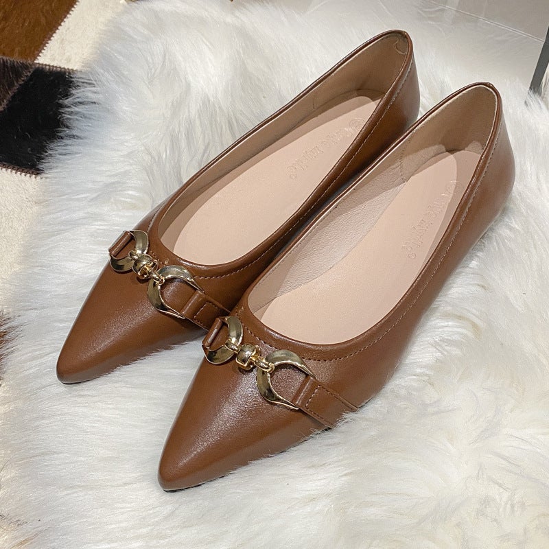 New Style Pointed Toe High Heels Horsebit Shallow Mouth Thick Heels Soft Leather Soft Sole Flat Casual Commuting Shoes Fashionable - Image 1