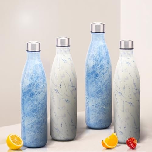 Red Butler 1000ml Printed Glass Bottle | Leak-Proof Airtight Stainless Steel Lid | Fridge Bottle for Water, Smoothies, Juices | White & Blue| Set of 4 - Image 1