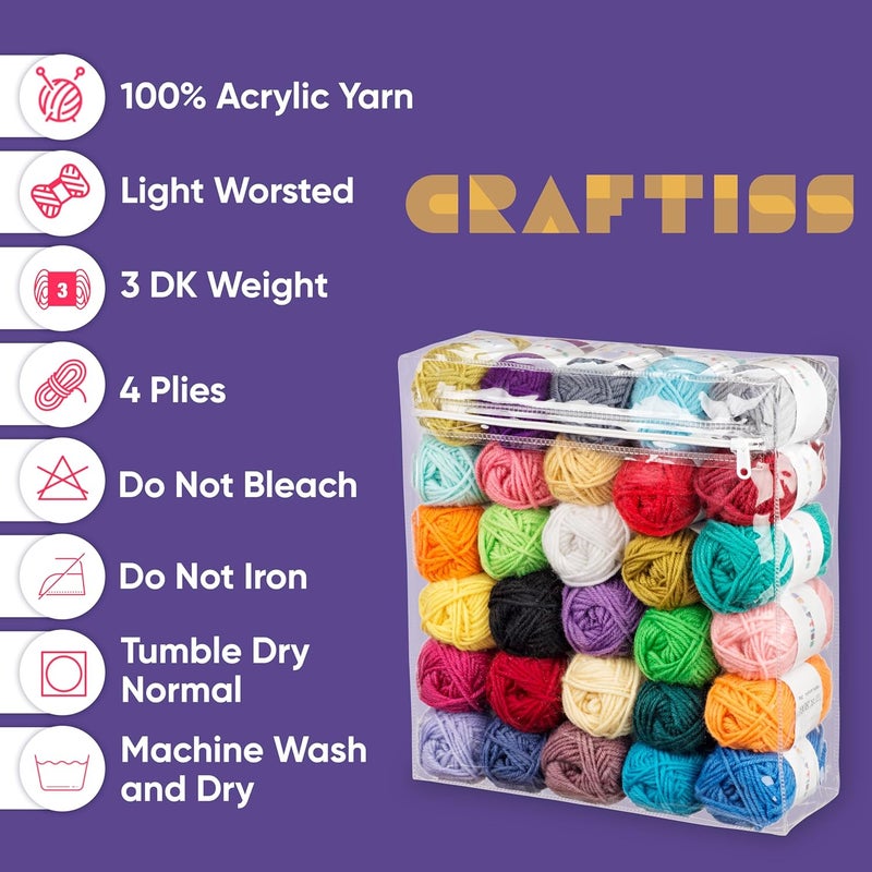 CRAFTISS 30 of 20g/0.7Oz Acrylic Yarn Mini Skeins - 1300 Yards of Soft Yarn for Crocheting and Knitting Craft Project, Assorted Starter Crochet Bulk Kit for Adults and Kids - Image 4