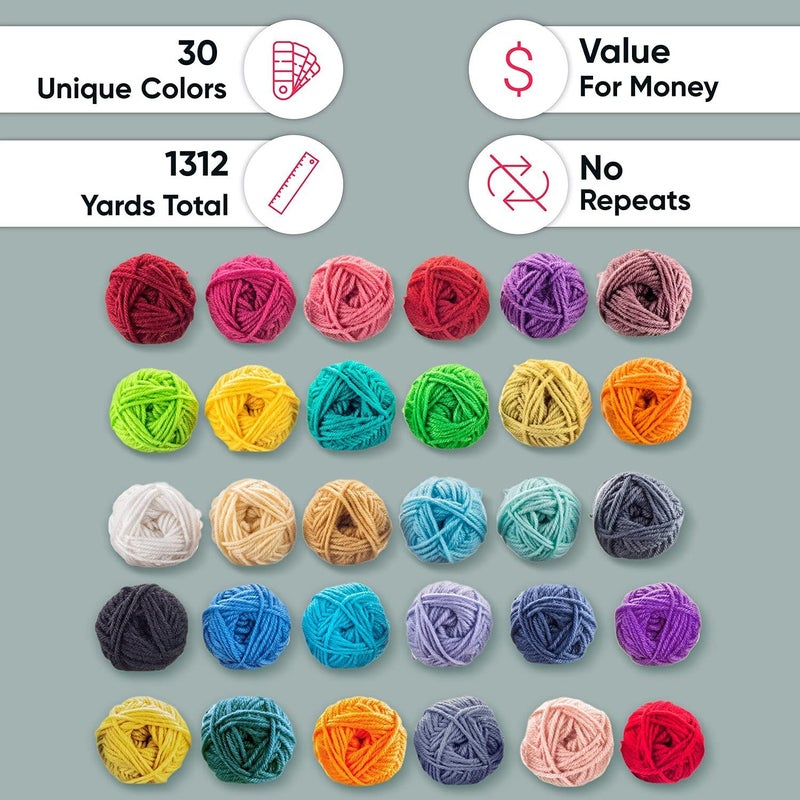 CRAFTISS 30 of 20g/0.7Oz Acrylic Yarn Mini Skeins - 1300 Yards of Soft Yarn for Crocheting and Knitting Craft Project, Assorted Starter Crochet Bulk Kit for Adults and Kids - Image 5