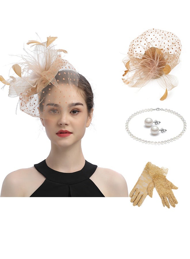 جمورو 4 قطع من قبعات فاسيناتور وحجاب وعصابة رأس شبكية وقفازات دانتيل قصيرة للنساء، قبعات حفلات الزفاف وأغطية رأس الشاي، إكسسوارات أزياء للفتيات والنساء في حفلات الزفاف - Image 1