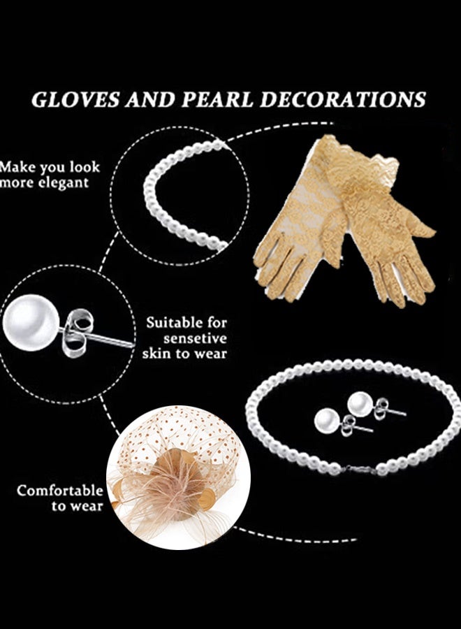 جمورو 4 قطع من قبعات فاسيناتور وحجاب وعصابة رأس شبكية وقفازات دانتيل قصيرة للنساء، قبعات حفلات الزفاف وأغطية رأس الشاي، إكسسوارات أزياء للفتيات والنساء في حفلات الزفاف - Image 2