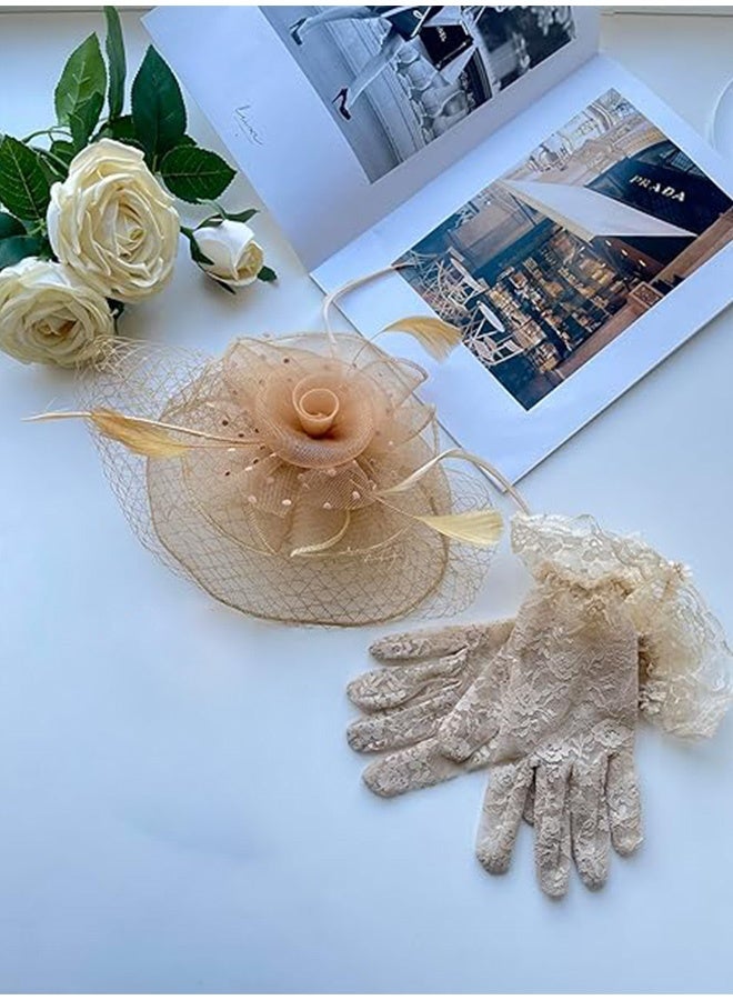 جمورو 4 قطع من قبعات فاسيناتور وحجاب وعصابة رأس شبكية وقفازات دانتيل قصيرة للنساء، قبعات حفلات الزفاف وأغطية رأس الشاي، إكسسوارات أزياء للفتيات والنساء في حفلات الزفاف - Image 4