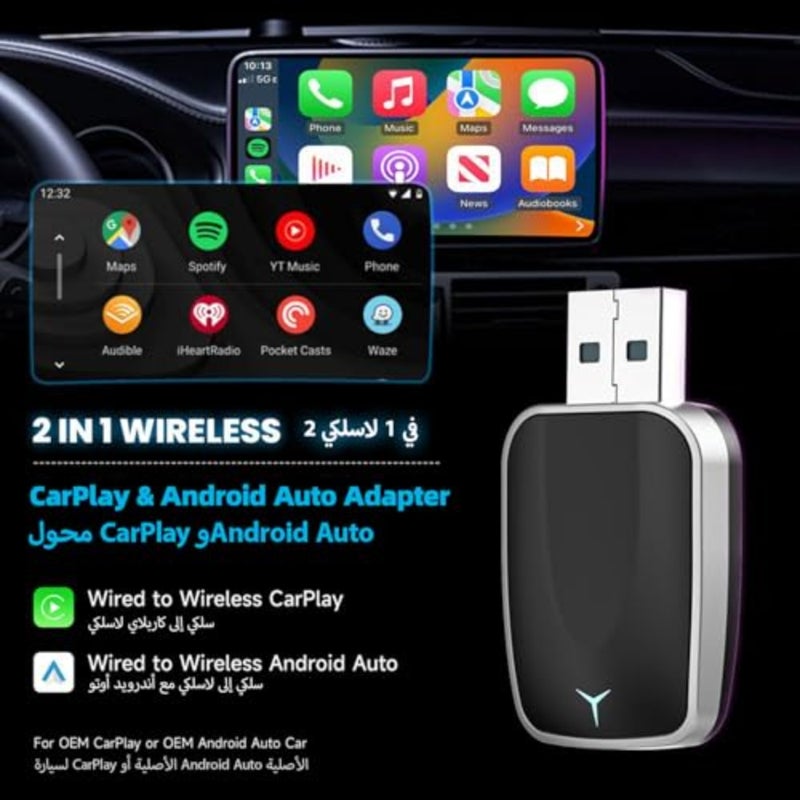 محول Carplay اللاسلكي لأجهزة iPhone وAndroid، التوصيل والتشغيل التلقائي، تحويل سلكي إلى محول Apple CarPlay اللاسلكي 5.2 بلوتوث و5.8 جيجا هرتز بدون تأخير وتحكم ثابت مع USB-C ونوع C - Image 2