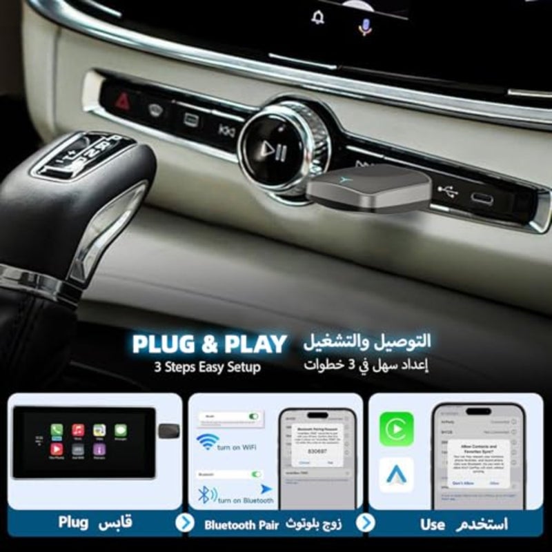 محول Carplay اللاسلكي لأجهزة iPhone وAndroid، التوصيل والتشغيل التلقائي، تحويل سلكي إلى محول Apple CarPlay اللاسلكي 5.2 بلوتوث و5.8 جيجا هرتز بدون تأخير وتحكم ثابت مع USB-C ونوع C - Image 3