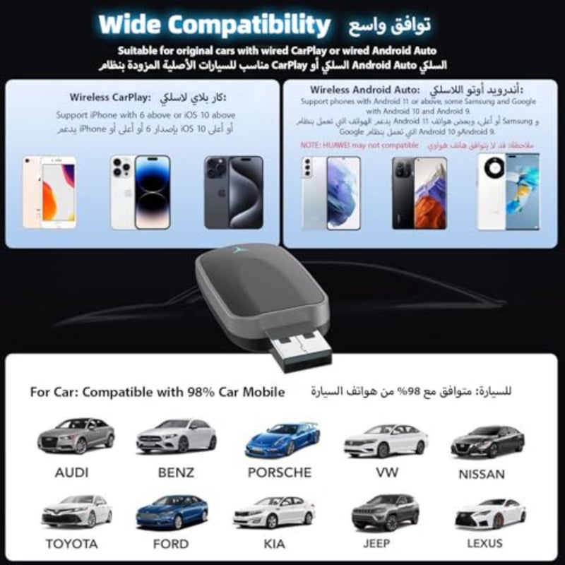 محول Carplay اللاسلكي لأجهزة iPhone وAndroid، التوصيل والتشغيل التلقائي، تحويل سلكي إلى محول Apple CarPlay اللاسلكي 5.2 بلوتوث و5.8 جيجا هرتز بدون تأخير وتحكم ثابت مع USB-C ونوع C - Image 5