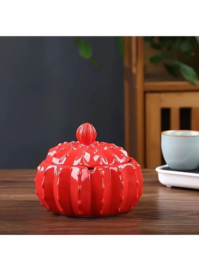 Red Cactus Shaped Ceramic Ashtray With Lid Smoke Proof Durable Desktop Accessory - Image 1
