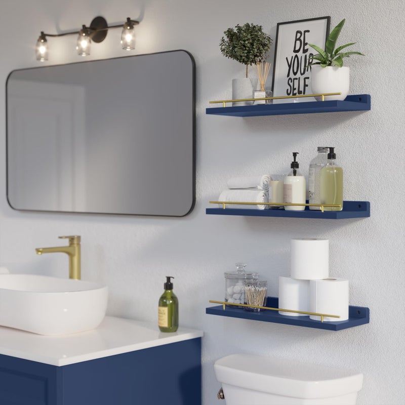 WOPITUES Floating Shelves with Gold Metal Guardrail, Shelves for Wall Decor Set of 3, Wall Shelves for Bedroom, Bathroom, Kitchen, Living Room, Plants, Picture Frames, Art- Gold in Navy Blue - Image 3
