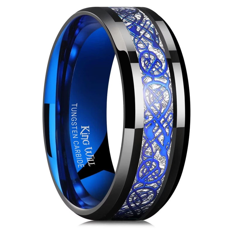 King Will DRAGON Mens Black Tungsten Carbide Ring 8mm Blue Celtic Dragon Wedding Band Comfort Fit High Polished(10.5) - Image 1