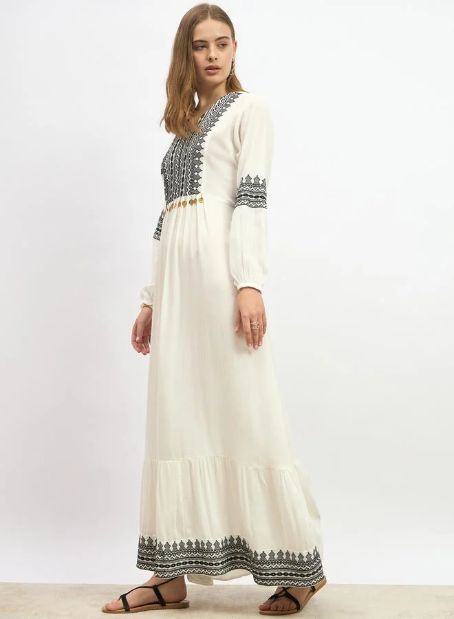 Styli Embroidered Cuffed Sleeves A-Line Maxi Dress