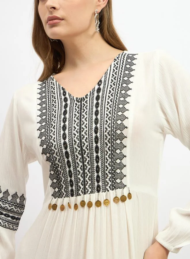 Styli Embroidered Cuffed Sleeves A-Line Maxi Dress