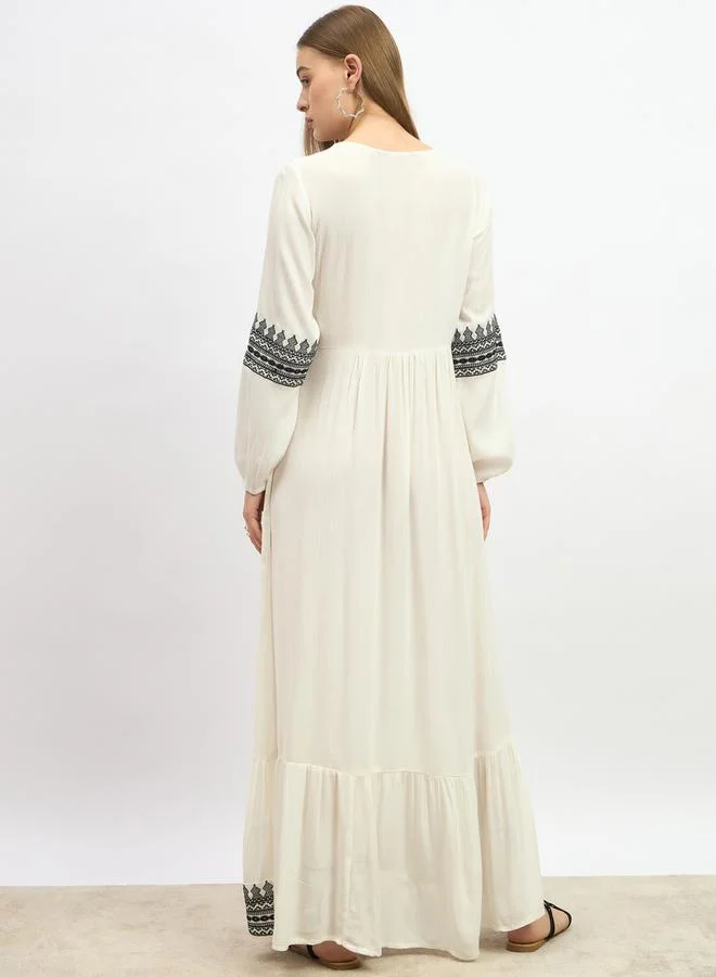 Styli Embroidered Cuffed Sleeves A-Line Maxi Dress