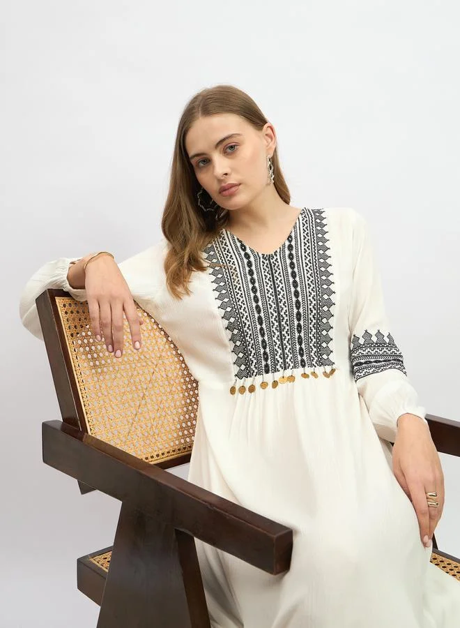 Styli Embroidered Cuffed Sleeves A-Line Maxi Dress