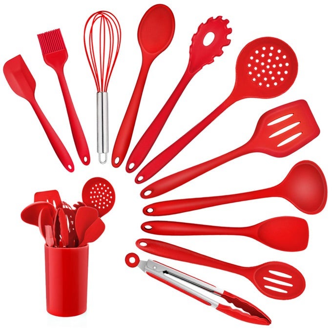 KITCHEN UTENSIL SET 12 PIECE COOKING UTENSILS SILICONE KITCHEN UTENSILS SET WITH HOLDER HEAT RESISTANT KITCHEN TOOLS INCLUDE SPOONS TURNER SPATULA LADLE TONG FOR NONSTICK COOKWARE RED