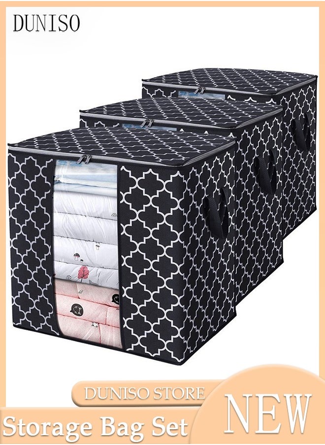 DUNISO - 3-Piece Large Capacity Foldable Storage Bag with Clear Window Clothes Storage Bins Storage Containers with Durable Handles Thick Fabric for Blanket Comforter Clothing Bedding - Image 1